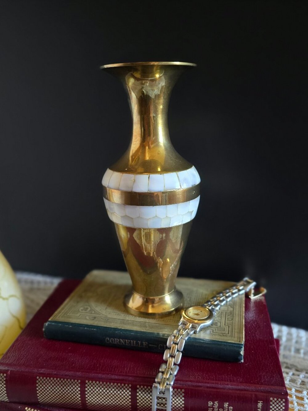 Brass & Mother of Pearl Vase Vintage - Bud Vase Mother of Pearl Bands